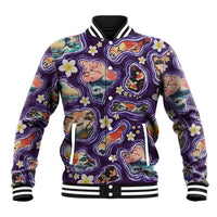 Hawaii Islands Map Design with Japanese Landscape Baseball Jacket Hawaiian Japan Fusion Art Purple Color LT03 Unisex Purple - Polynesian Pride