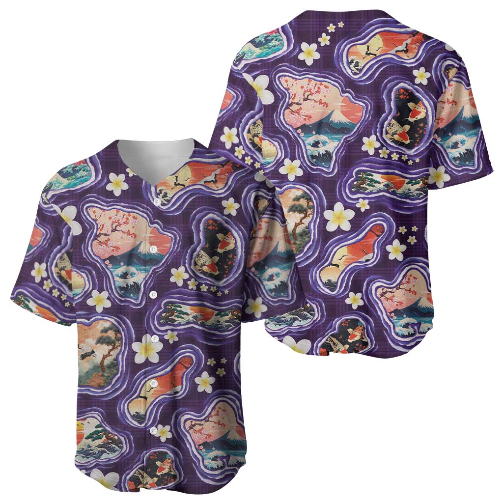 Hawaii Islands Map Design with Japanese Landscape Baseball Jersey Hawaiian Japan Fusion Art Purple Color LT03 - Polynesian Pride