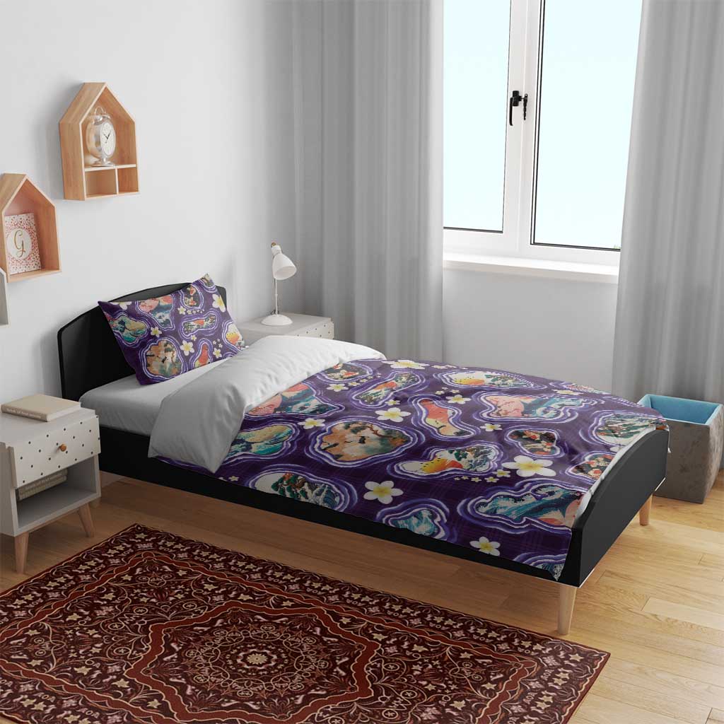 Hawaii Islands Map Design with Japanese Landscape Bedding Set Hawaiian Japan Fusion Art Purple Color LT03 - Polynesian Pride