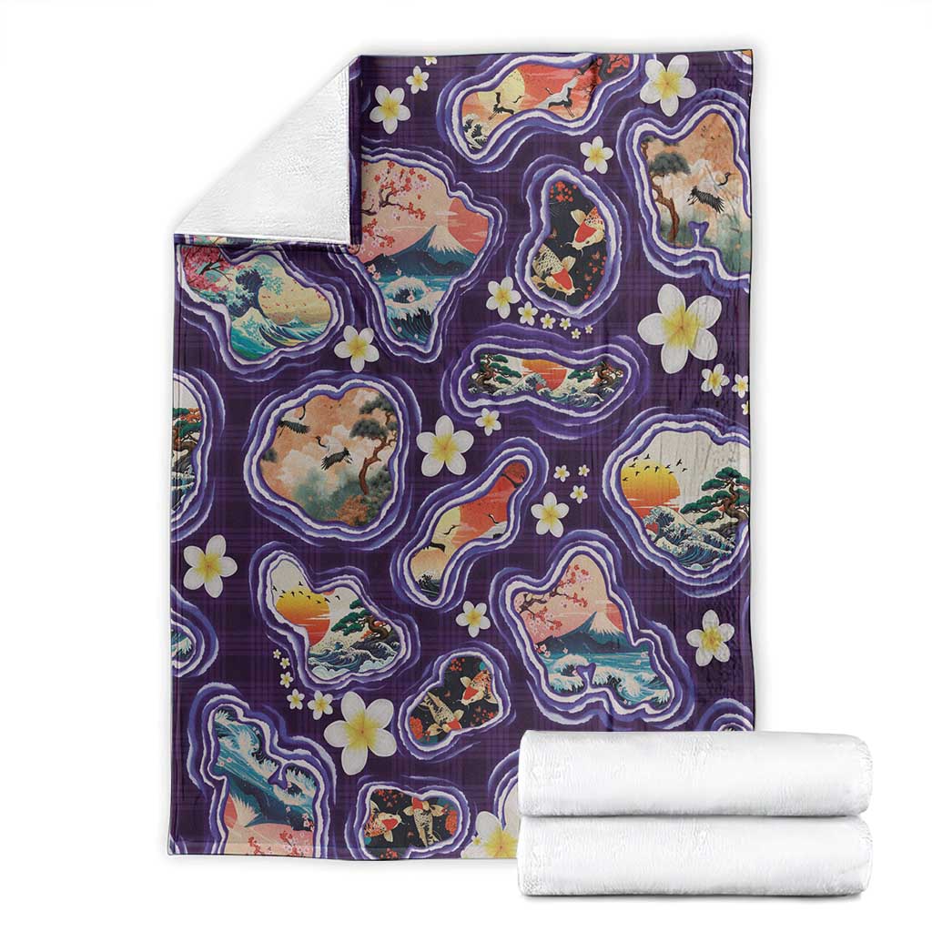 Hawaii Islands Map Design with Japanese Landscape Blanket Hawaiian Japan Fusion Art Purple Color LT03 - Polynesian Pride