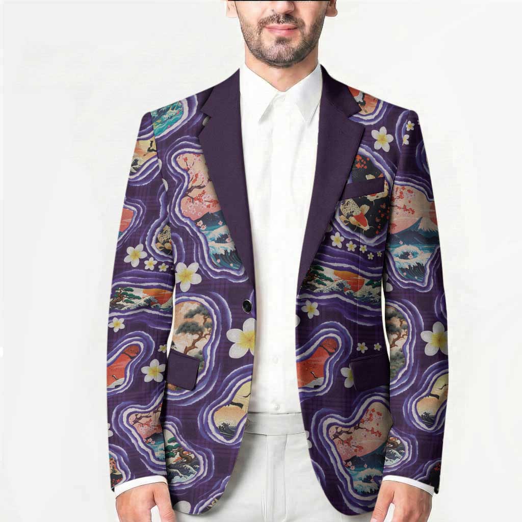 Hawaii Islands Map Design with Japanese Landscape Blazer Hawaiian Japan Fusion Art Purple Color LT03 - Polynesian Pride