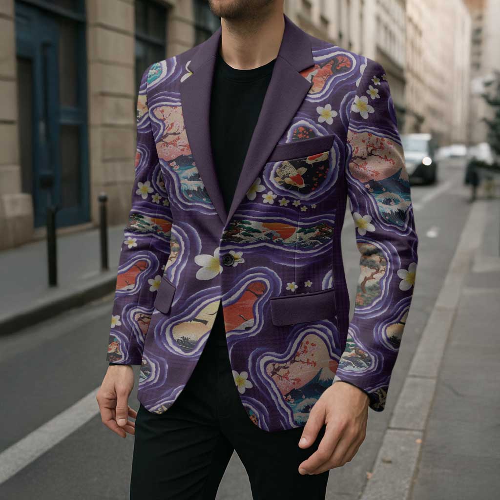 Hawaii Islands Map Design with Japanese Landscape Blazer Hawaiian Japan Fusion Art Purple Color LT03 - Polynesian Pride