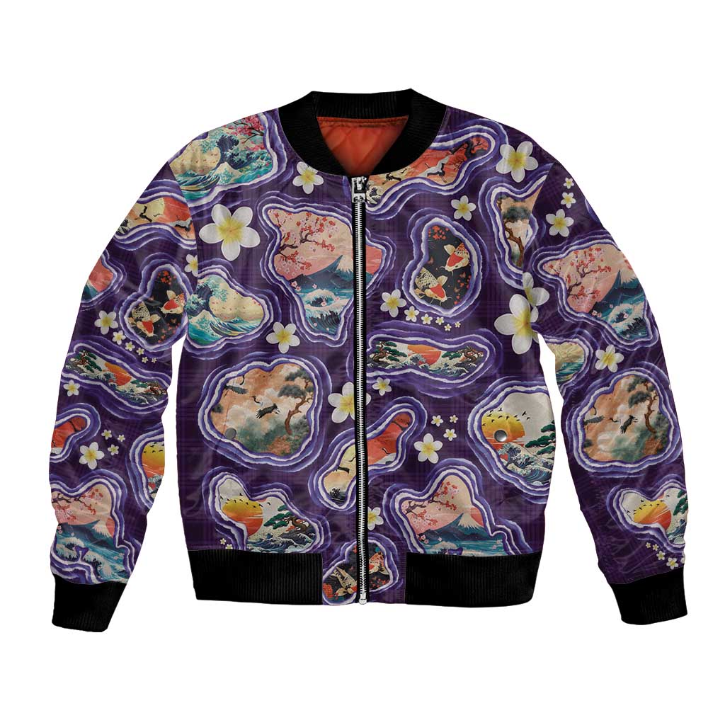Hawaii Islands Map Design with Japanese Landscape Bomber Jacket Hawaiian Japan Fusion Art Purple Color