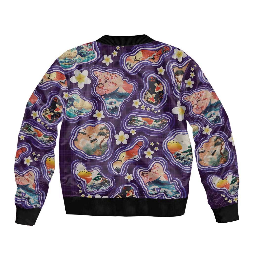 Hawaii Islands Map Design with Japanese Landscape Bomber Jacket Hawaiian Japan Fusion Art Purple Color LT03 - Polynesian Pride