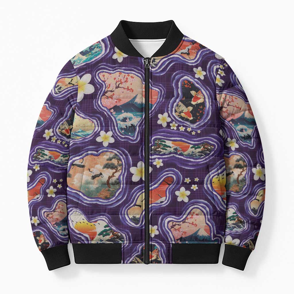 Hawaii Islands Map Design with Japanese Landscape Bomber Puffer Jacket Hawaiian Japan Fusion Art Purple Color LT03 Unisex Purple - Polynesian Pride