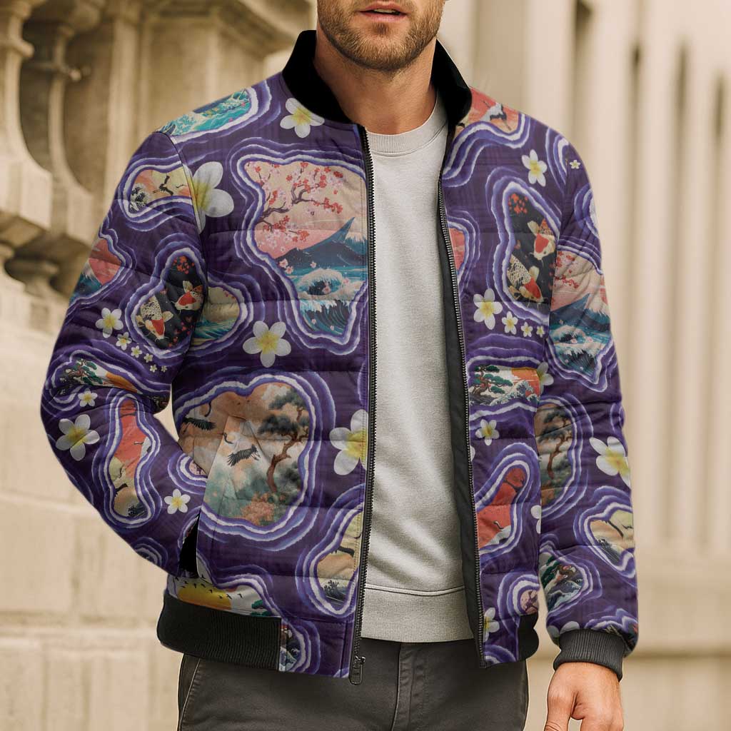 Hawaii Islands Map Design with Japanese Landscape Bomber Puffer Jacket Hawaiian Japan Fusion Art Purple Color LT03 - Polynesian Pride