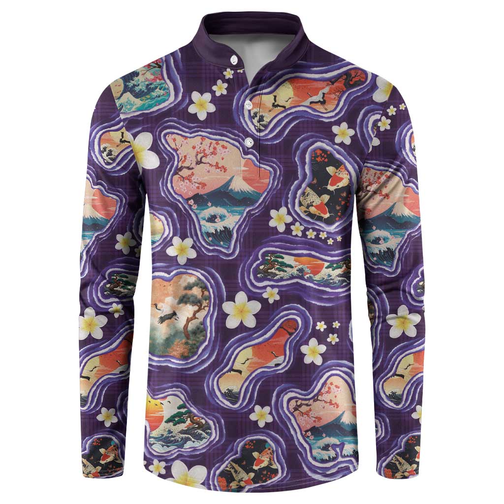Hawaii Islands Map Design with Japanese Landscape Button Sweatshirt Hawaiian Japan Fusion Art Purple Color LT03 Purple - Polynesian Pride
