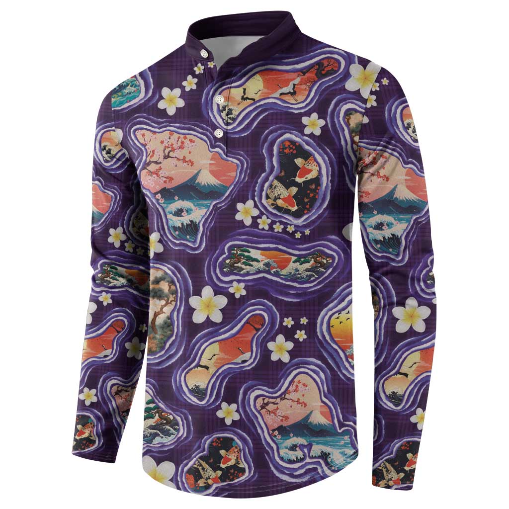 Hawaii Islands Map Design with Japanese Landscape Button Sweatshirt Hawaiian Japan Fusion Art Purple Color LT03 - Polynesian Pride