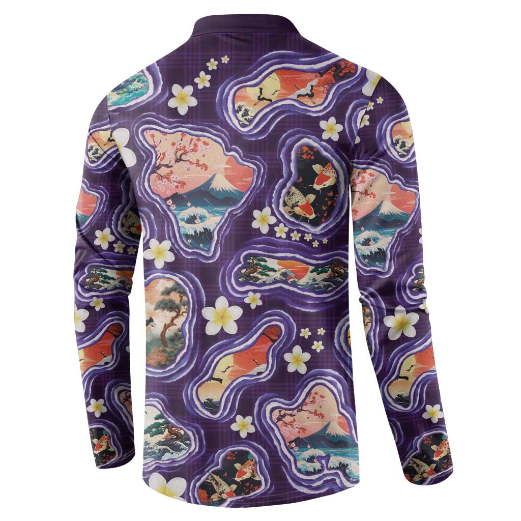 Hawaii Islands Map Design with Japanese Landscape Button Sweatshirt Hawaiian Japan Fusion Art Purple Color LT03 - Polynesian Pride