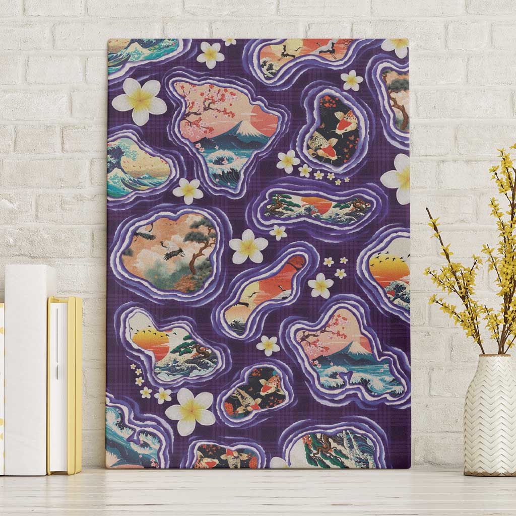 Hawaii Islands Map Design with Japanese Landscape Canvas Wall Art Hawaiian Japan Fusion Art Purple Color