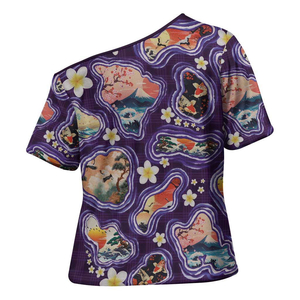 Hawaii Islands Map Design with Japanese Landscape Cross Shoulder Shirt Hawaiian Japan Fusion Art Purple Color LT03 - Polynesian Pride