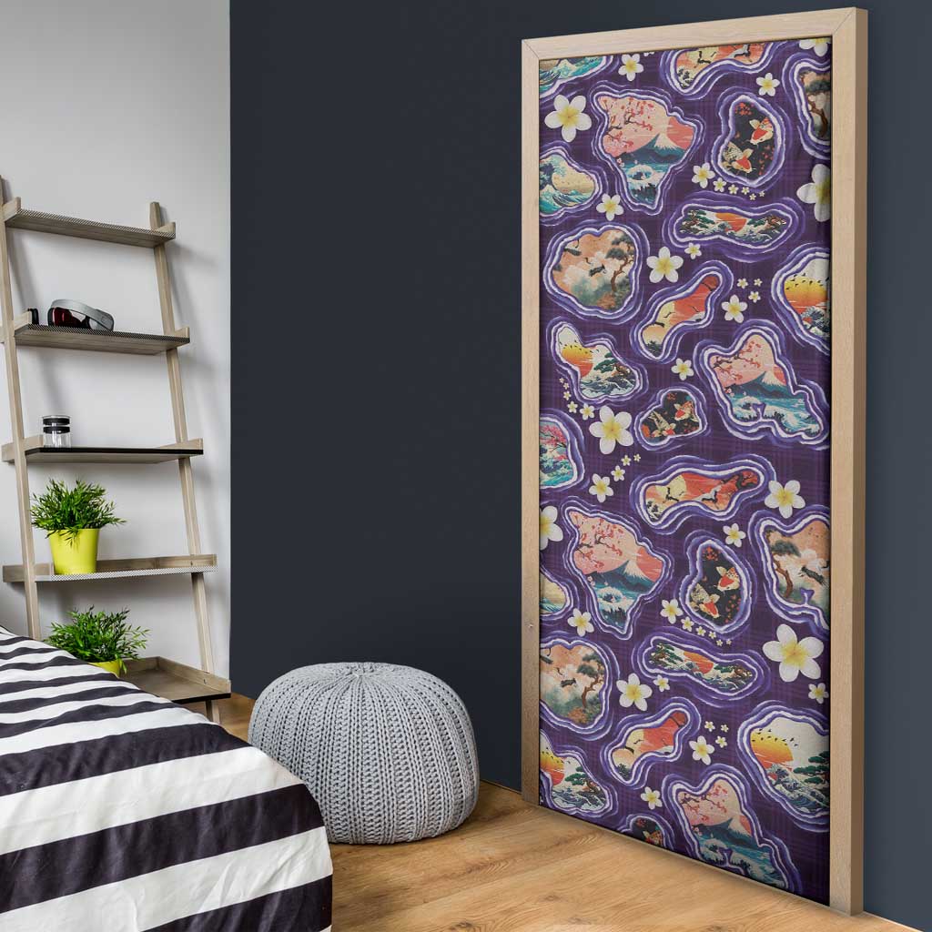 Hawaii Islands Map Design with Japanese Landscape Door Cover Hawaiian Japan Fusion Art Purple Color LT03 - Polynesian Pride