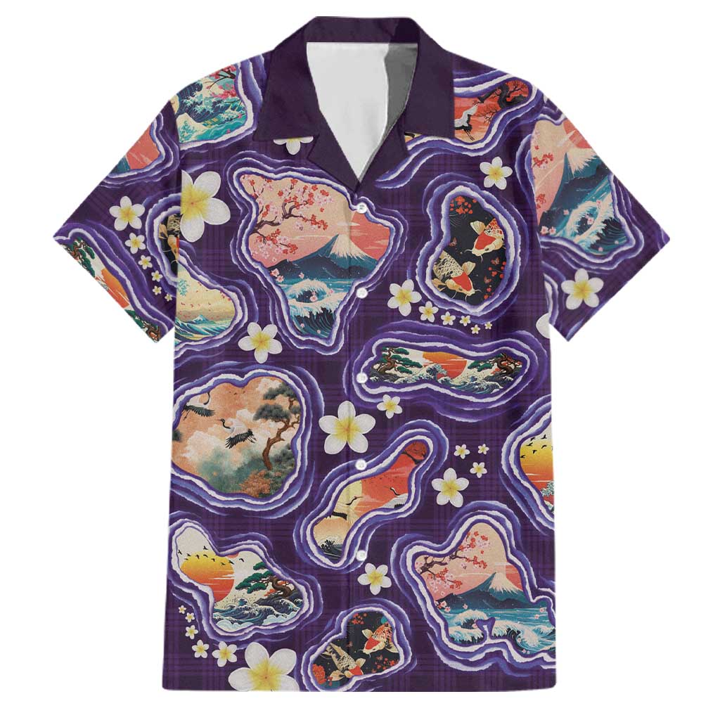 Hawaii Islands Map Design with Japanese Landscape Family Matching Long Sleeve Bodycon Dress and Hawaiian Shirt Hawaiian Japan Fusion Art Purple Color LT03 Dad's Shirt - Short Sleeve Purple - Polynesian Pride