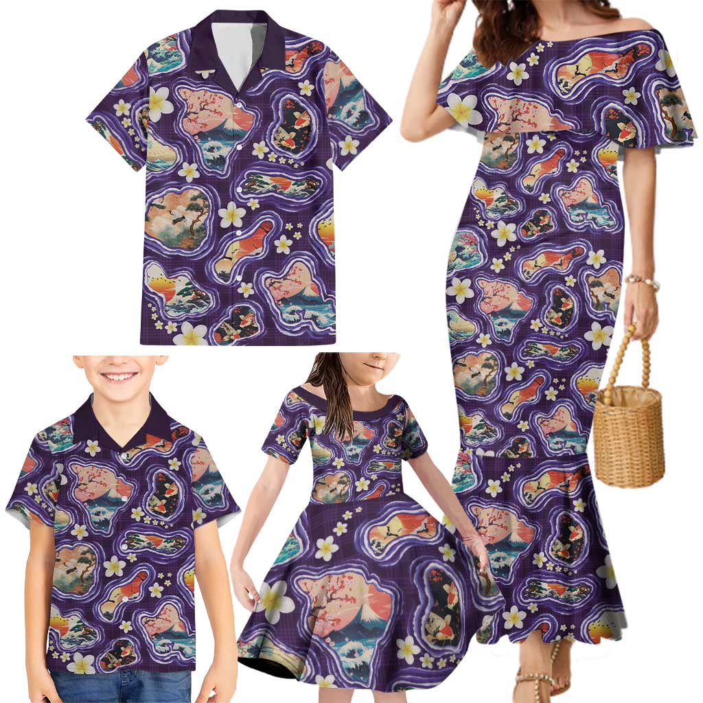 Hawaii Islands Map Design with Japanese Landscape Family Matching Mermaid Dress and Hawaiian Shirt Hawaiian Japan Fusion Art Purple Color