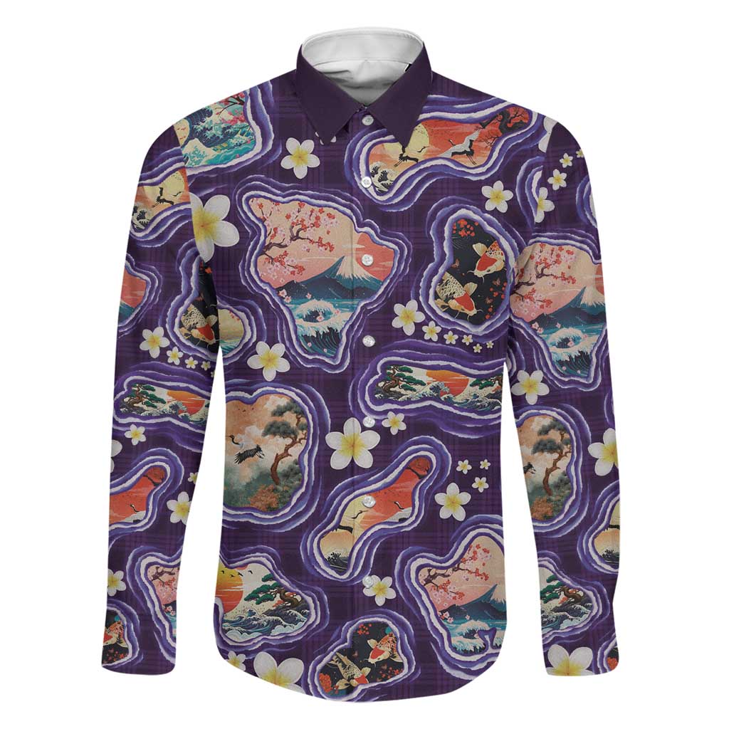 Hawaii Islands Map Design with Japanese Landscape Family Matching Mermaid Dress and Hawaiian Shirt Hawaiian Japan Fusion Art Purple Color LT03 Dad's Shirt - Long Sleeve Purple - Polynesian Pride