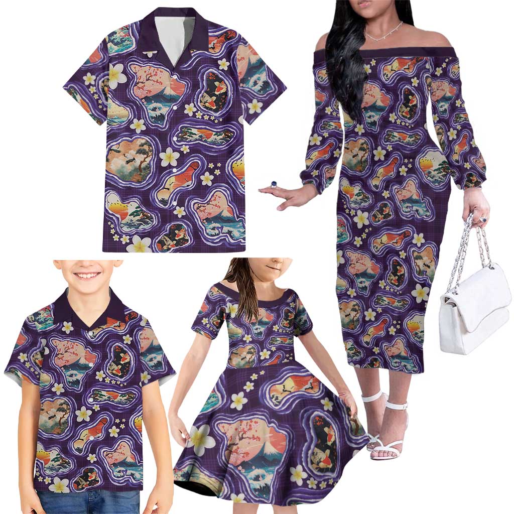 Hawaii Islands Map Design with Japanese Landscape Family Matching Off The Shoulder Long Sleeve Dress and Hawaiian Shirt Hawaiian Japan Fusion Art Purple Color