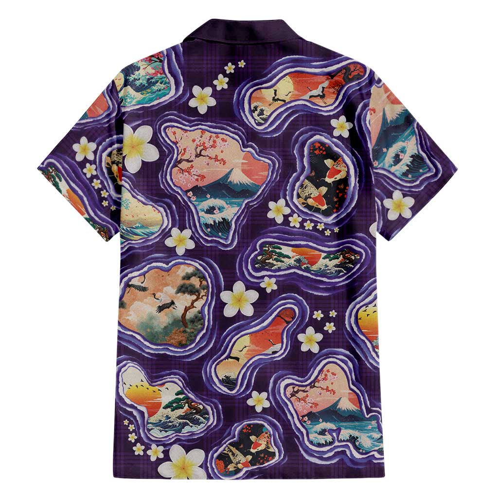 Hawaii Islands Map Design with Japanese Landscape Family Matching Off The Shoulder Long Sleeve Dress and Hawaiian Shirt Hawaiian Japan Fusion Art Purple Color LT03 - Polynesian Pride