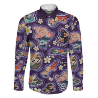 Hawaii Islands Map Design with Japanese Landscape Family Matching Off The Shoulder Long Sleeve Dress and Hawaiian Shirt Hawaiian Japan Fusion Art Purple Color LT03 Dad's Shirt - Long Sleeve Purple - Polynesian Pride