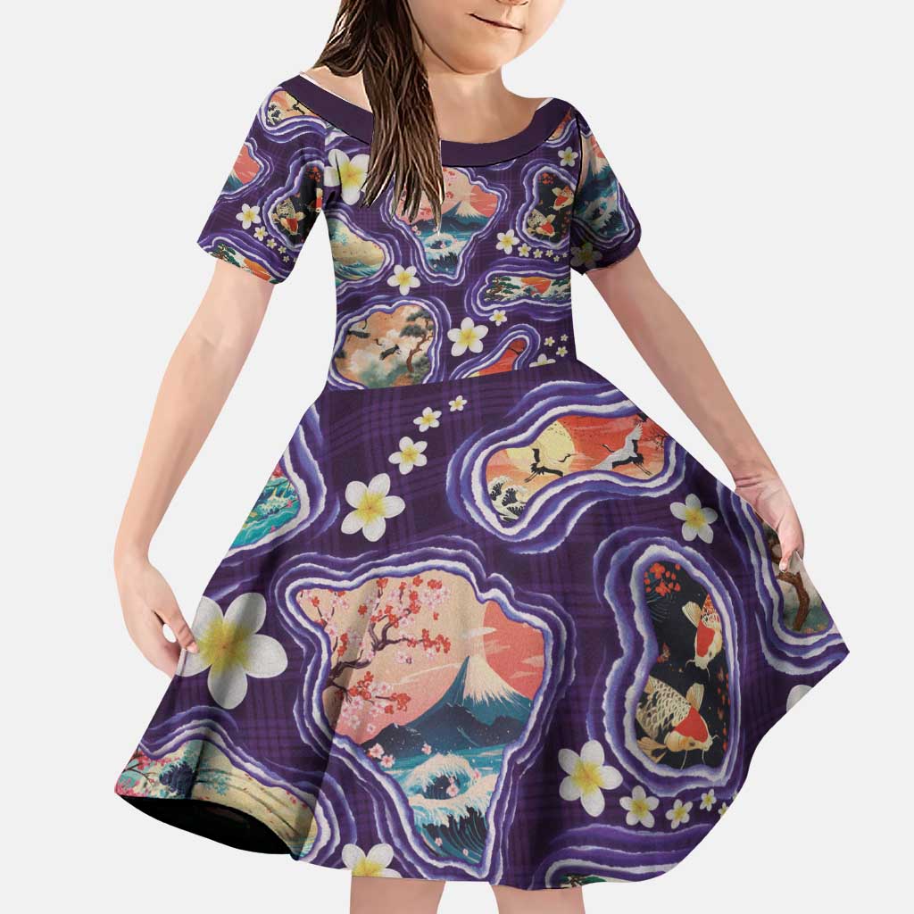 Hawaii Islands Map Design with Japanese Landscape Family Matching Short Sleeve Bodycon Dress and Hawaiian Shirt Hawaiian Japan Fusion Art Purple Color LT03 Daughter's Dress Purple - Polynesian Pride