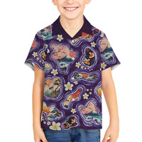 Hawaii Islands Map Design with Japanese Landscape Family Matching Summer Maxi Dress and Hawaiian Shirt Hawaiian Japan Fusion Art Purple Color LT03 Son's Shirt Purple - Polynesian Pride