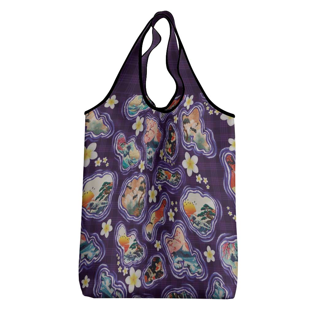 Hawaii Islands Map Design with Japanese Landscape Grocery Bag Hawaiian Japan Fusion Art Purple Color LT03 - Polynesian Pride