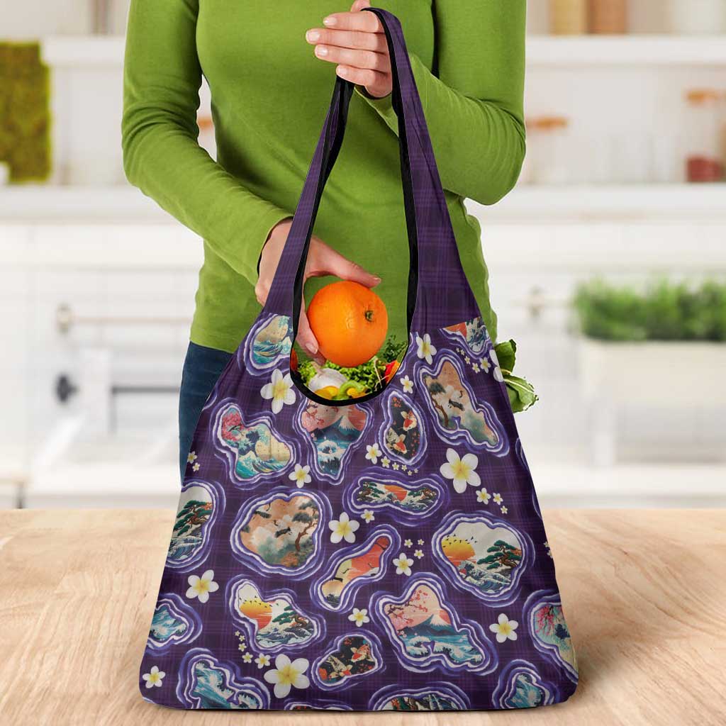 Hawaii Islands Map Design with Japanese Landscape Grocery Bag Hawaiian Japan Fusion Art Purple Color LT03 - Polynesian Pride