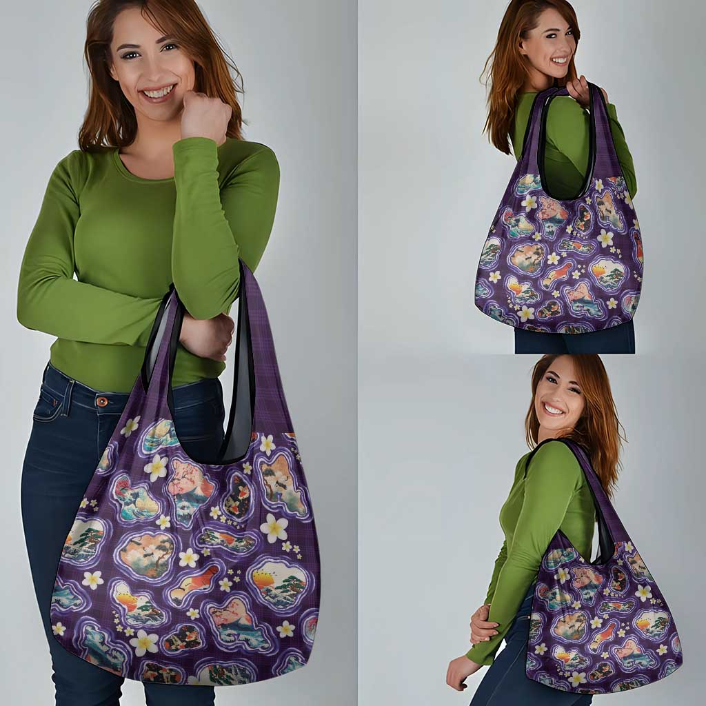 Hawaii Islands Map Design with Japanese Landscape Grocery Bag Hawaiian Japan Fusion Art Purple Color LT03 - Polynesian Pride