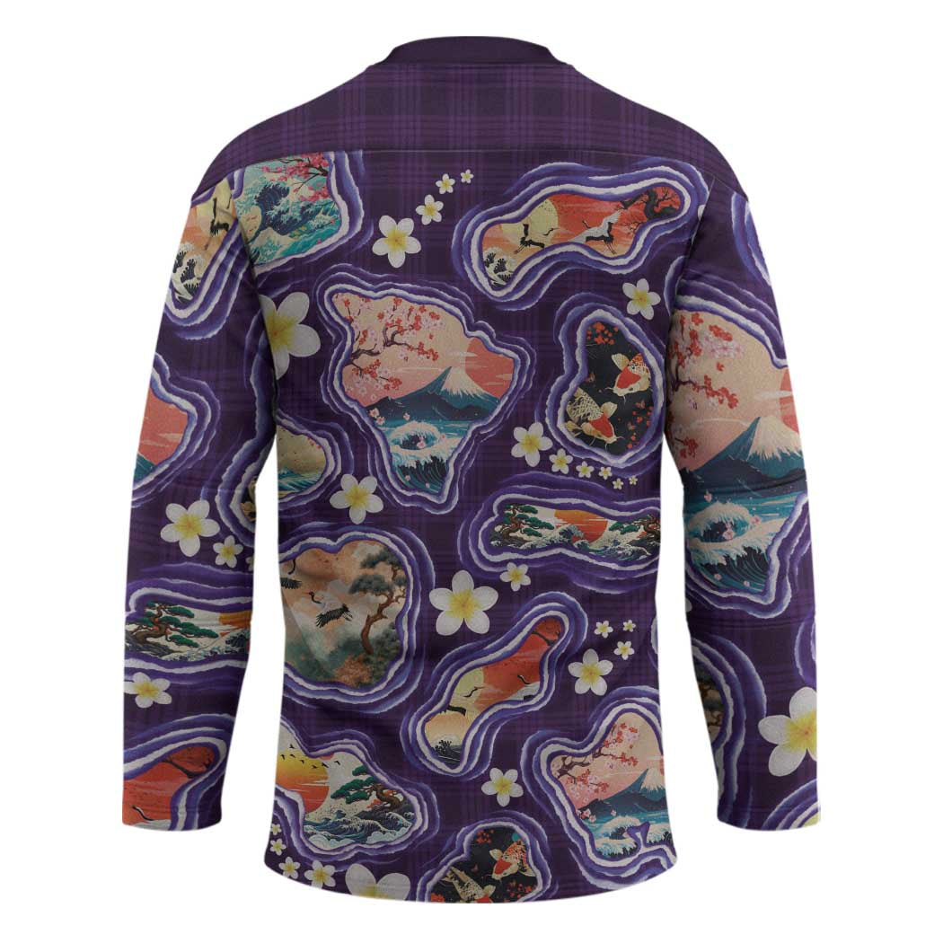 Hawaii Islands Map Design with Japanese Landscape Hockey Jersey Hawaiian Japan Fusion Art Purple Color LT03 - Polynesian Pride