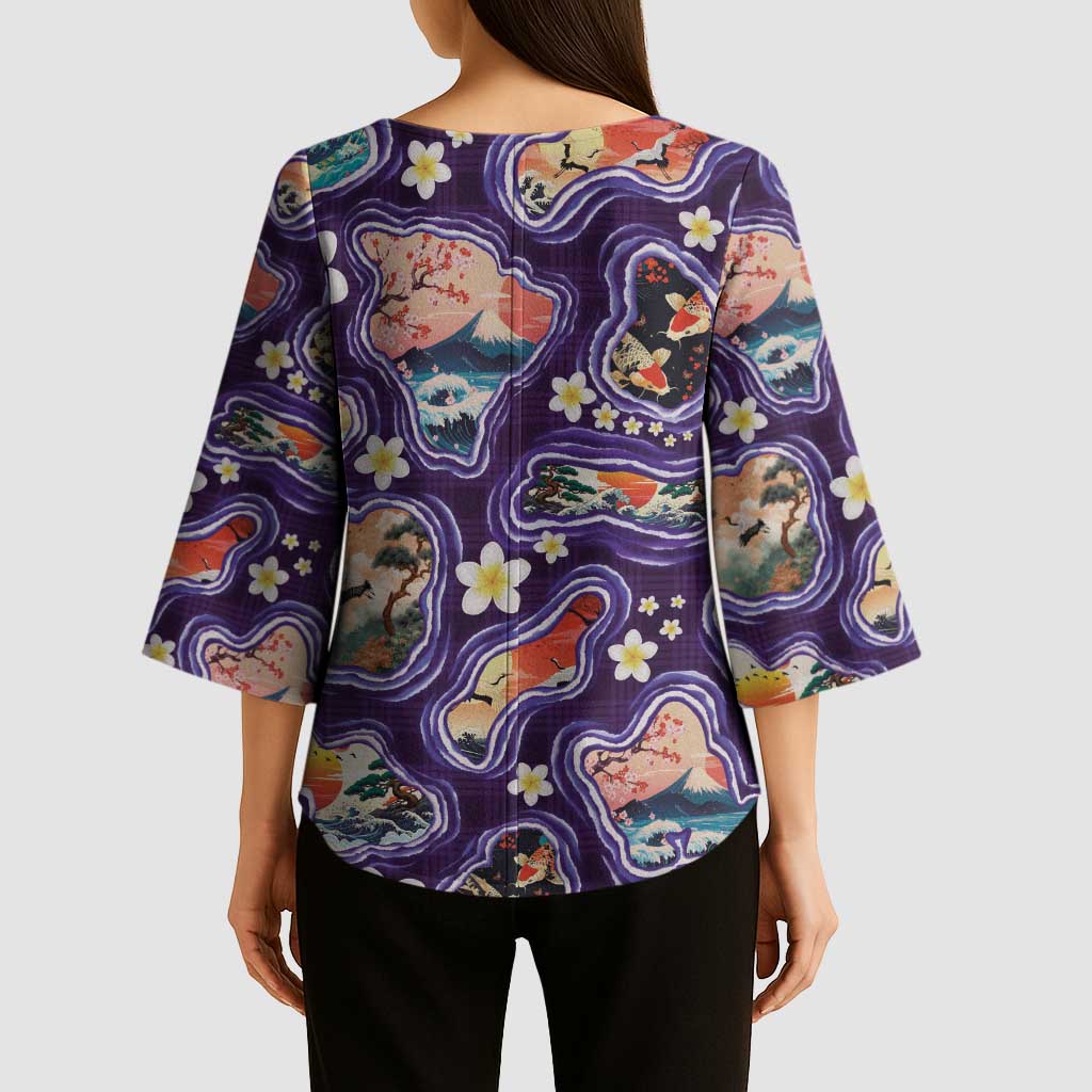 Hawaii Islands Map Design with Japanese Landscape Kimono Sleeve Blouse Hawaiian Japan Fusion Art Purple Color LT03 - Polynesian Pride