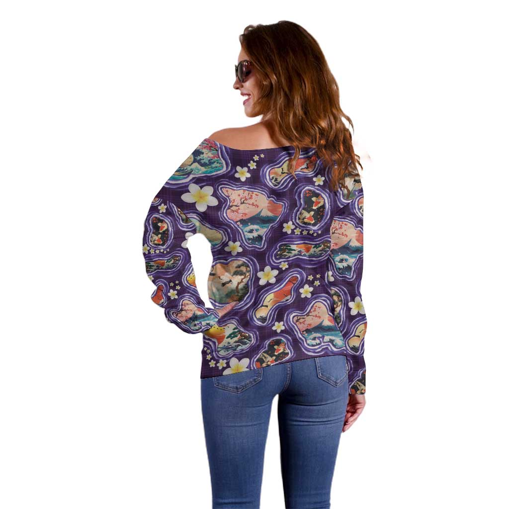 Hawaii Islands Map Design with Japanese Landscape Off Shoulder Sweater Hawaiian Japan Fusion Art Purple Color LT03 - Polynesian Pride