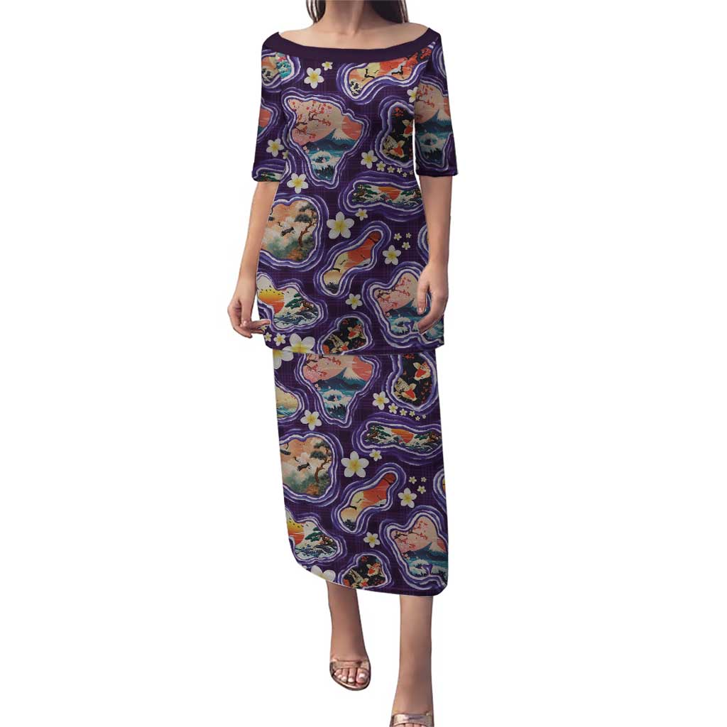 Hawaii Islands Map Design with Japanese Landscape Puletasi Hawaiian Japan Fusion Art Purple Color LT03 Long Dress Purple - Polynesian Pride
