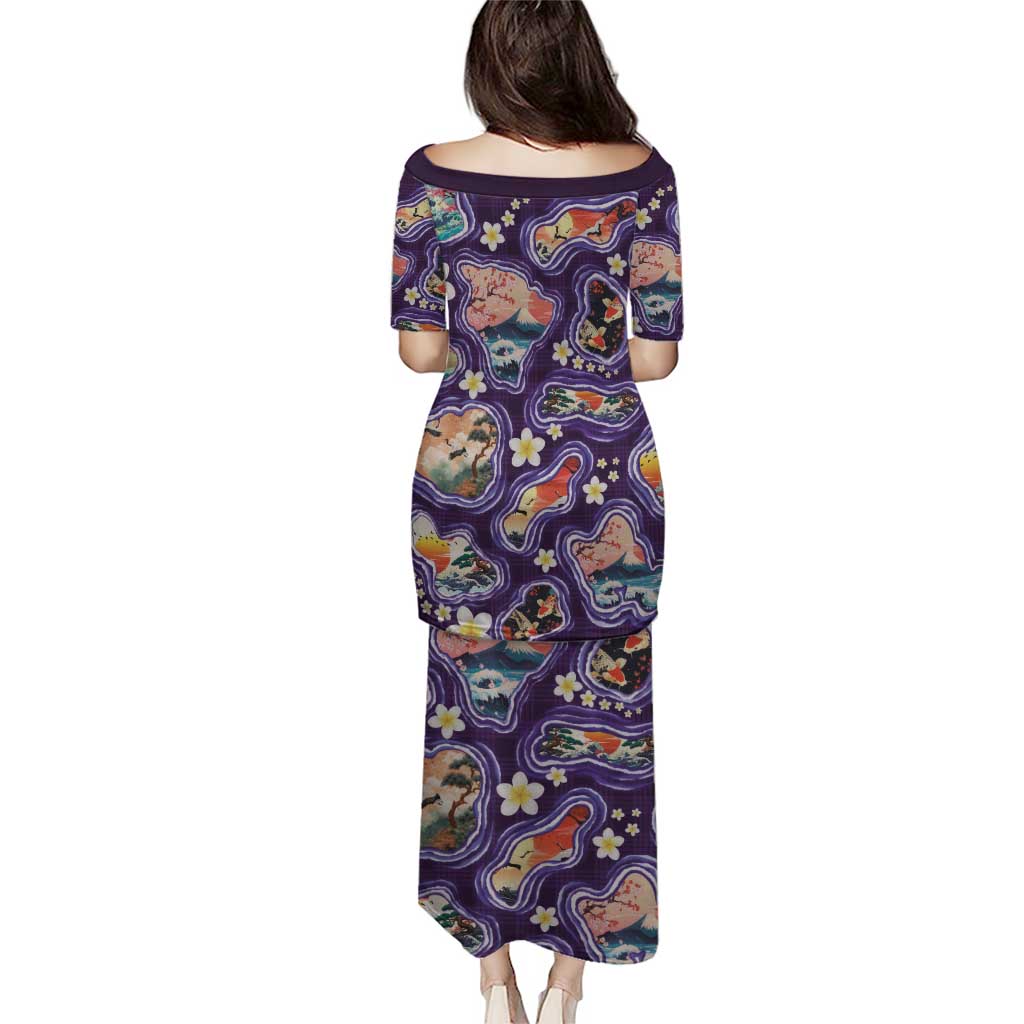 Hawaii Islands Map Design with Japanese Landscape Puletasi Hawaiian Japan Fusion Art Purple Color LT03 - Polynesian Pride