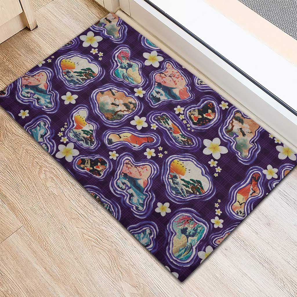Hawaii Islands Map Design with Japanese Landscape Rubber Doormat Hawaiian Japan Fusion Art Purple Color LT03 - Polynesian Pride