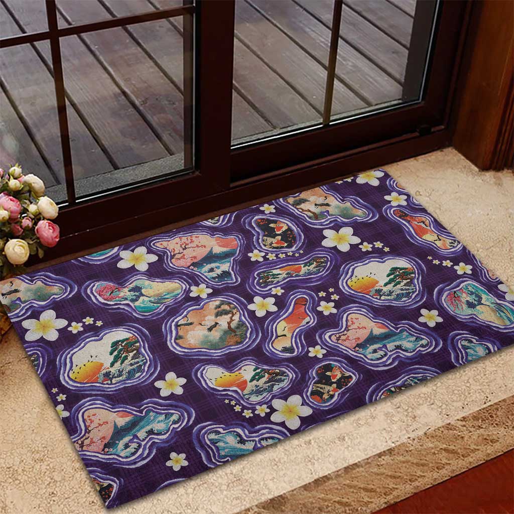 Hawaii Islands Map Design with Japanese Landscape Rubber Doormat Hawaiian Japan Fusion Art Purple Color LT03 - Polynesian Pride