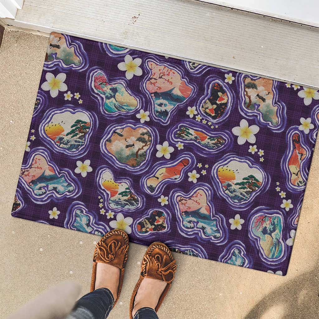 Hawaii Islands Map Design with Japanese Landscape Rubber Doormat Hawaiian Japan Fusion Art Purple Color LT03 - Polynesian Pride
