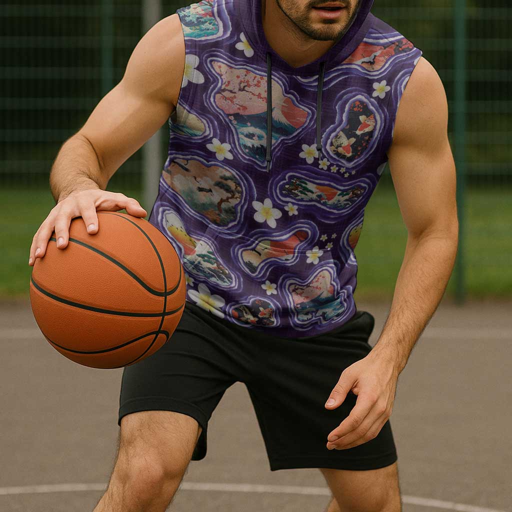 Hawaii Islands Map Design with Japanese Landscape Sleeveless Hoodie Hawaiian Japan Fusion Art Purple Color LT03 - Polynesian Pride