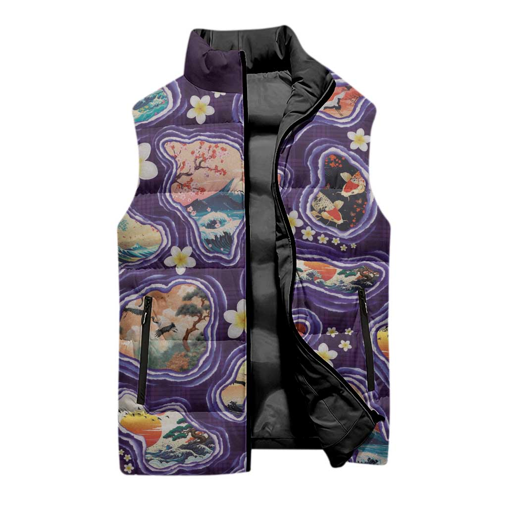 Hawaii Islands Map Design with Japanese Landscape Sleeveless Puffer Jacket Hawaiian Japan Fusion Art Purple Color LT03 - Polynesian Pride