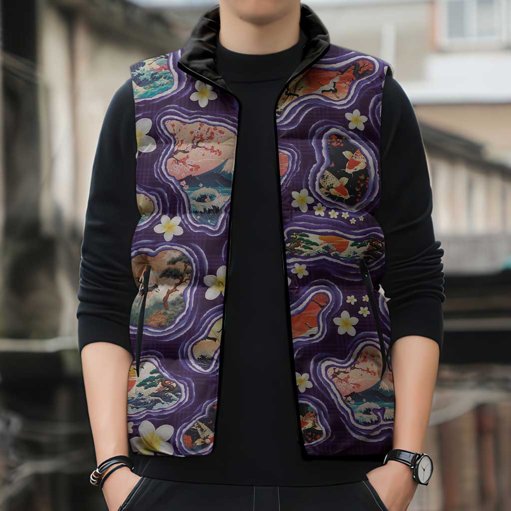 Hawaii Islands Map Design with Japanese Landscape Sleeveless Puffer Jacket Hawaiian Japan Fusion Art Purple Color LT03 - Polynesian Pride