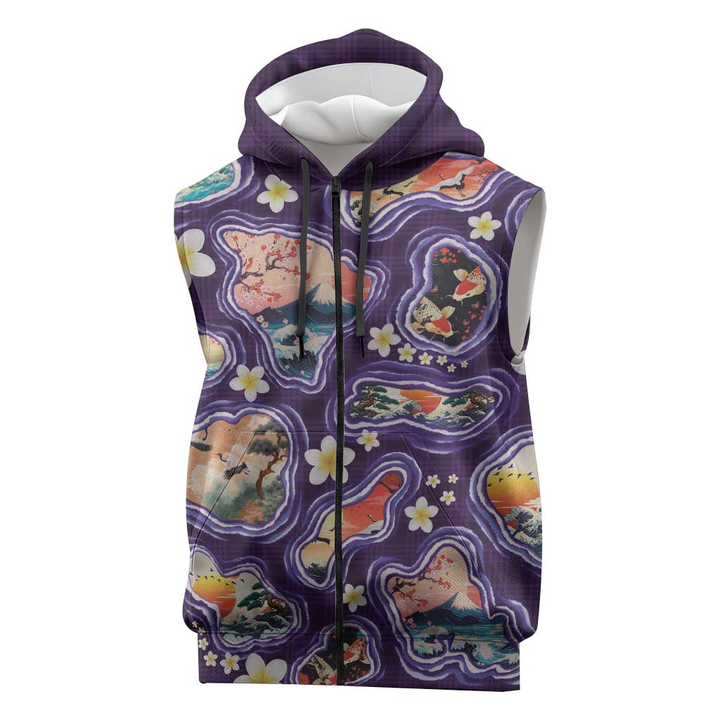 Hawaii Islands Map Design with Japanese Landscape Sleeveless Zip Hoodie Hawaiian Japan Fusion Art Purple Color LT03 Purple - Polynesian Pride