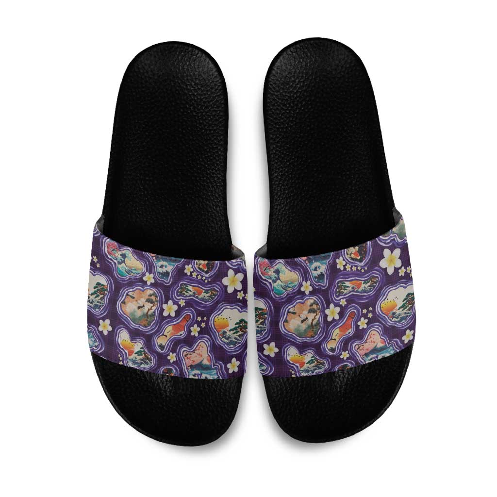 Hawaii Islands Map Design with Japanese Landscape Slide Sandals Hawaiian Japan Fusion Art Purple Color LT03 Purple - Polynesian Pride