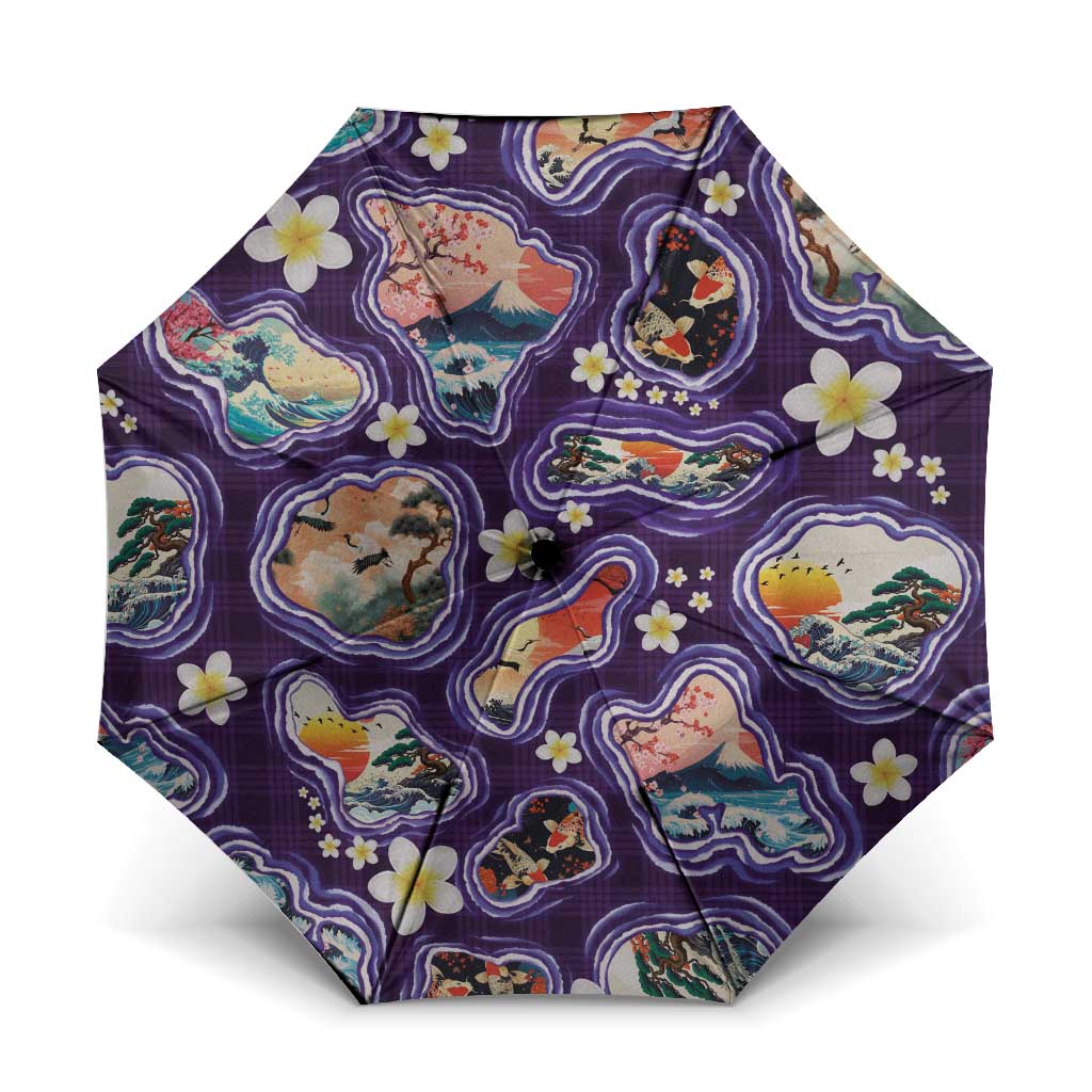 Hawaii Islands Map Design with Japanese Landscape Umbrella Hawaiian Japan Fusion Art Purple Color LT03 One Size Folded 11.42 inch Opened Diameter 37.4 inch Purple - Polynesian Pride