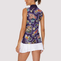 Hawaii Islands Map Design with Japanese Landscape Women Sleeveless Polo Shirt Hawaiian Japan Fusion Art Purple Color LT03 - Polynesian Pride