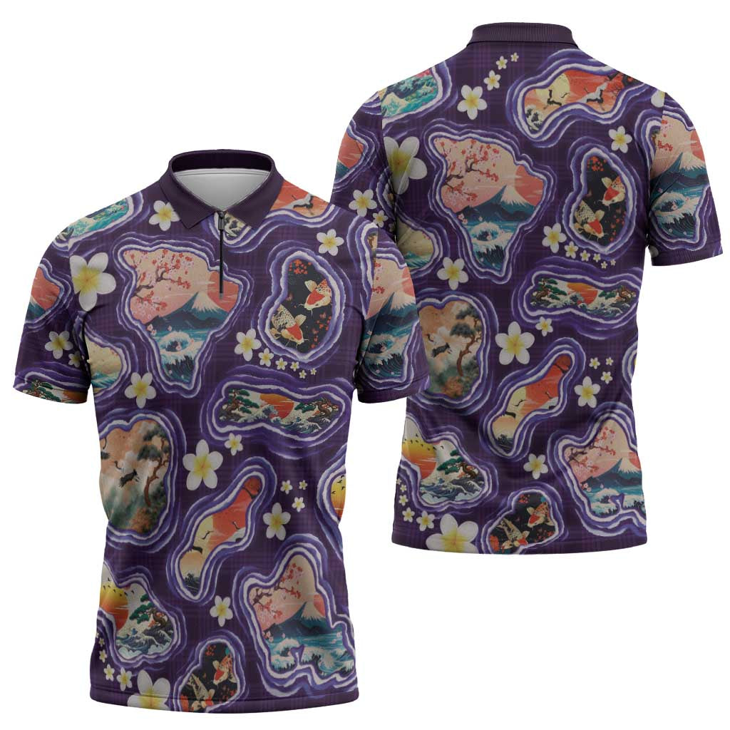 Hawaii Islands Map Design with Japanese Landscape Zipper Polo Shirt Hawaiian Japan Fusion Art Purple Color LT03 - Polynesian Pride