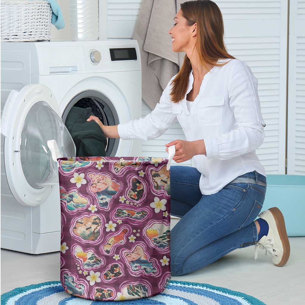 Hawaii Islands Map Design with Japanese Landscape Laundry Basket Hawaiian Japan Fusion Art Pink Color LT03 - Polynesian Pride