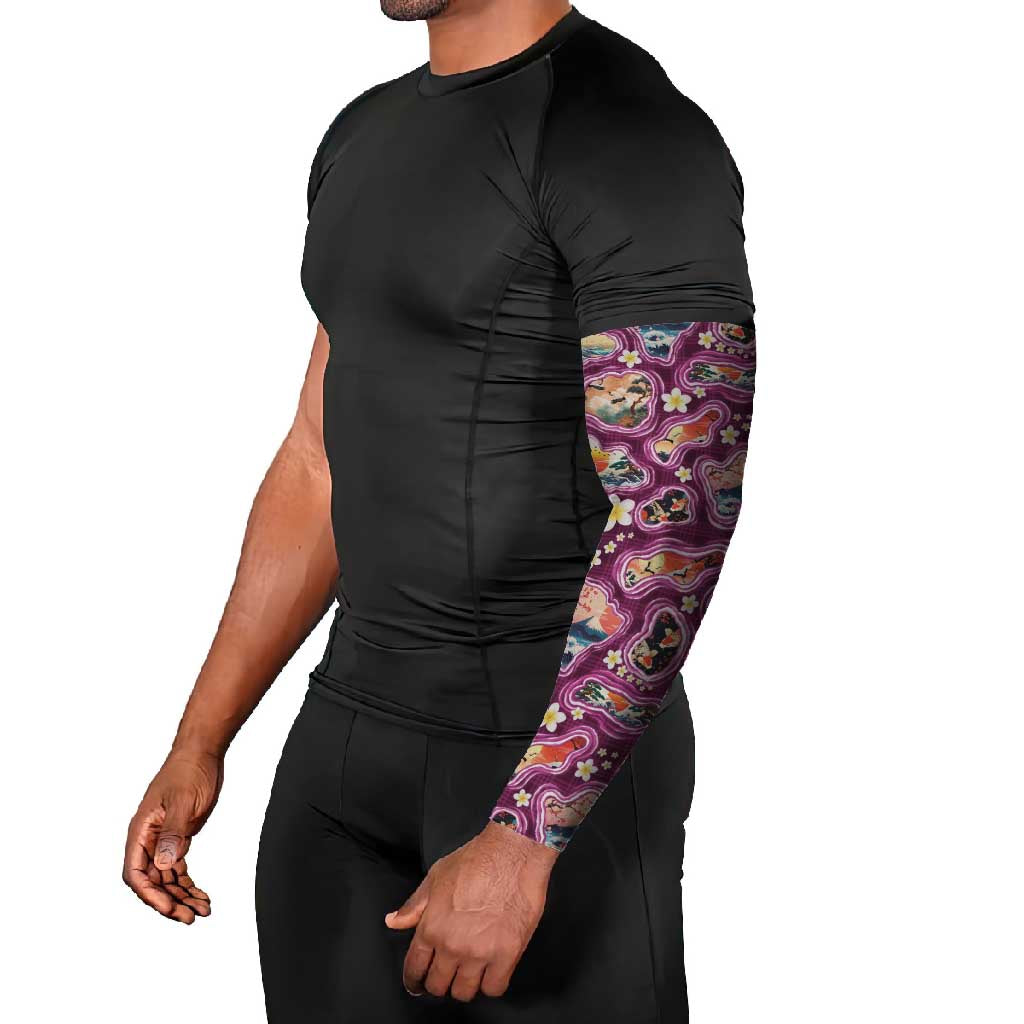 Hawaii Islands Map Design with Japanese Landscape Arm Sleeves Hawaiian Japan Fusion Art Pink Color LT03 - Polynesian Pride