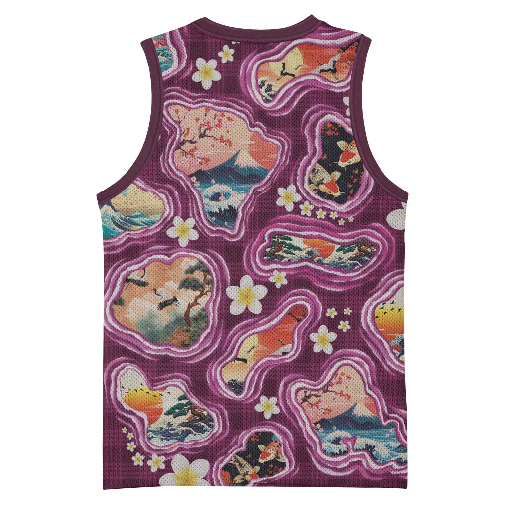 Hawaii Islands Map Design with Japanese Landscape Basketball Jersey Hawaiian Japan Fusion Art Pink Color LT03 - Polynesian Pride