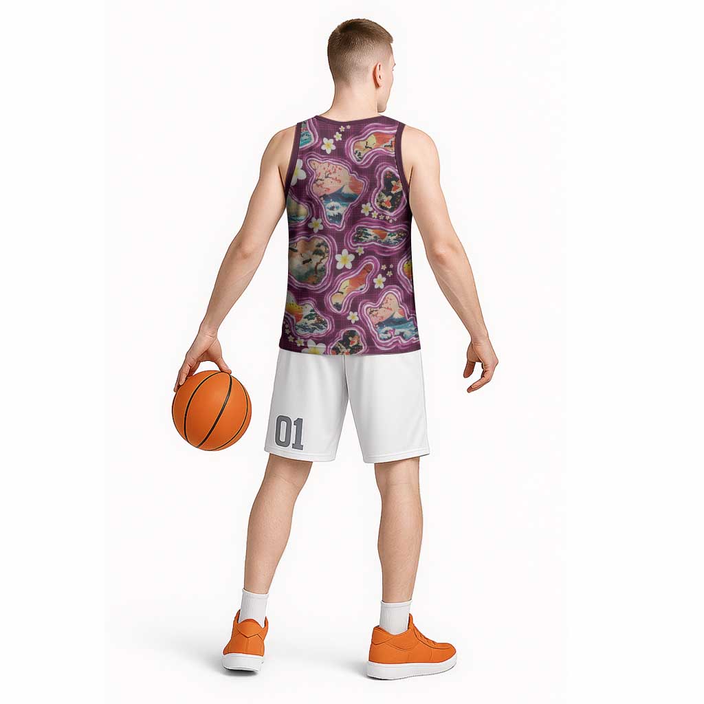 Hawaii Islands Map Design with Japanese Landscape Basketball Jersey Hawaiian Japan Fusion Art Pink Color LT03 - Polynesian Pride