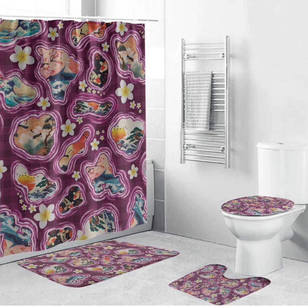 Hawaii Islands Map Design with Japanese Landscape Bathroom Set Hawaiian Japan Fusion Art Pink Color