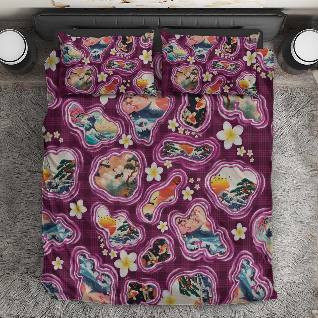 Hawaii Islands Map Design with Japanese Landscape Bedding Set Hawaiian Japan Fusion Art Pink Color