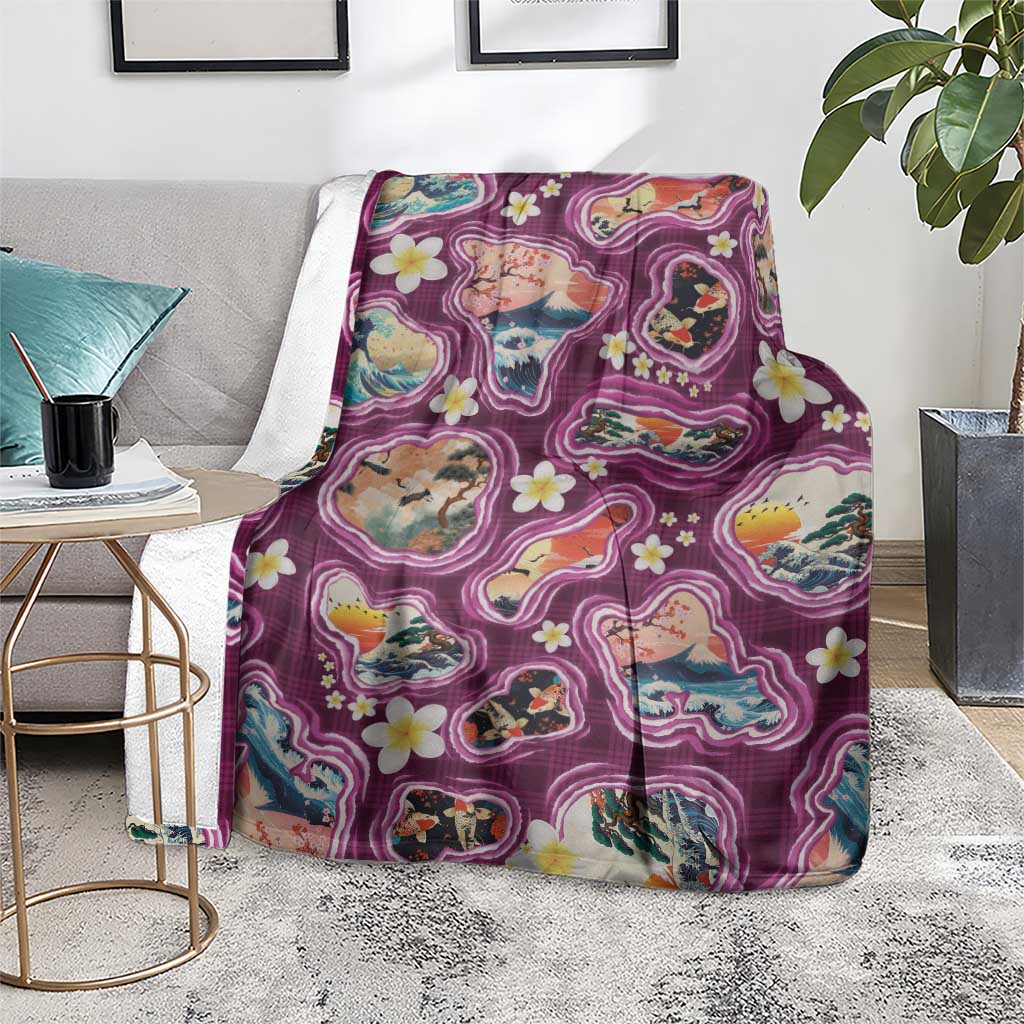 Hawaii Islands Map Design with Japanese Landscape Blanket Hawaiian Japan Fusion Art Pink Color LT03 - Polynesian Pride